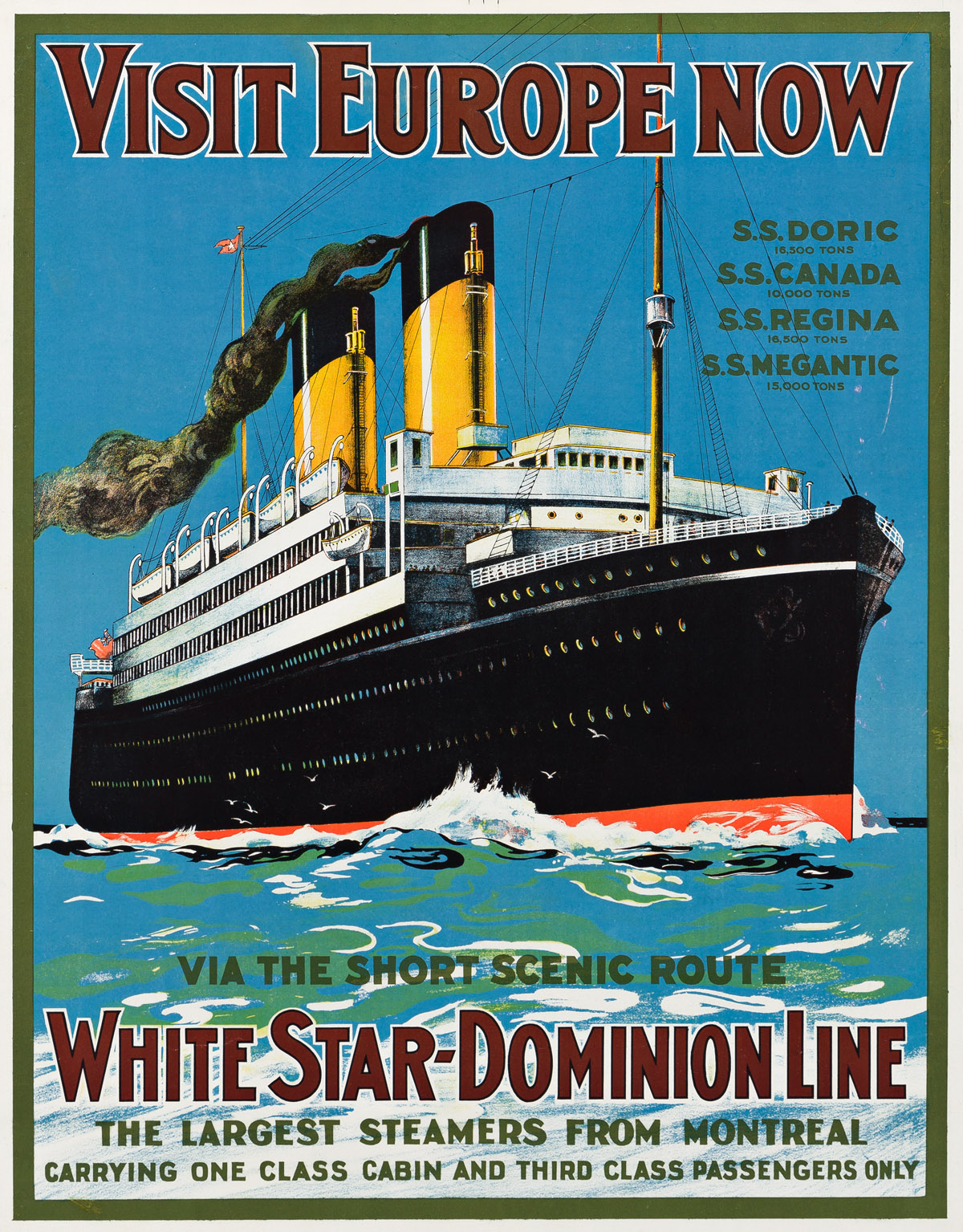 DESIGNER UNKNOWN.  VISIT EUROPE NOW / WHITE STAR - DOMINION LINE. Circa 1920s. 29½x23¾ inches, 75x60¼ cm.
